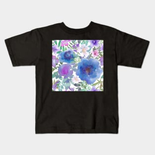 Blue roses and bellflowers.Vibrant watercolor wild flowers print Kids T-Shirt